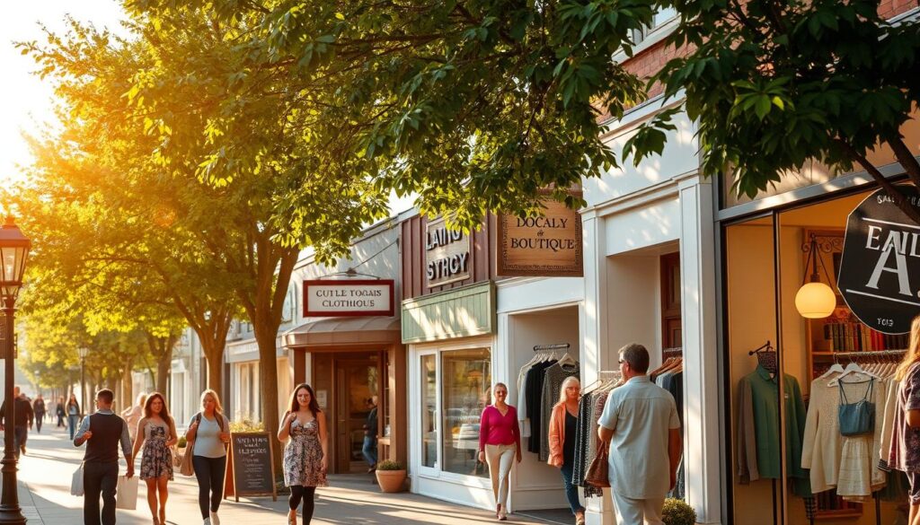 A charming street lined with local boutique clothing stores, their facades adorned with inviting displays and lively signage. The warm afternoon light filters through trees, casting a cozy glow on the quaint storefronts. Passersby stroll leisurely, admiring the diverse array of unique fashion and accessories showcased in the shop windows. The scene evokes a sense of community and entrepreneurial spirit, highlighting the vibrant, personalized shopping experience that thriving local businesses can offer.