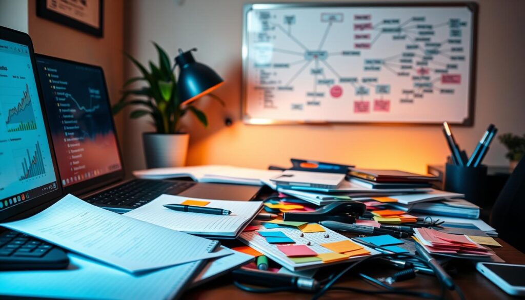 A cluttered desk with various office supplies, including a laptop, notepad, and colorful sticky notes. The laptop screen displays an analytics dashboard, highlighting keyword metrics and search trends. In the background, a wall-mounted whiteboard showcases mind maps and brainstorming ideas, reflecting the analytical and strategic nature of keyword research. Soft, warm lighting illuminates the scene, creating a focused and productive atmosphere. The overall composition suggests a thoughtful, organized, and data-driven approach to the "Conducting Effective Keyword Research" section of the article.