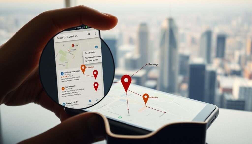 A detailed cutaway diagram depicting the key factors influencing Google Local Services ranking. The foreground showcases a magnified view of a smartphone screen displaying the Google Maps interface, highlighting the top local service providers. The middle ground features interconnected nodes representing the various ranking signals, such as reviews, business information, proximity, and local SEO optimization. The background depicts an abstract cityscape, conveying the local, geospatial nature of the ranking factors. The scene is illuminated by a soft, warm lighting, creating a professional, informative atmosphere. The overall composition aims to provide a clear, visually engaging representation of the complex mechanics behind local service provider ranking on Google.
