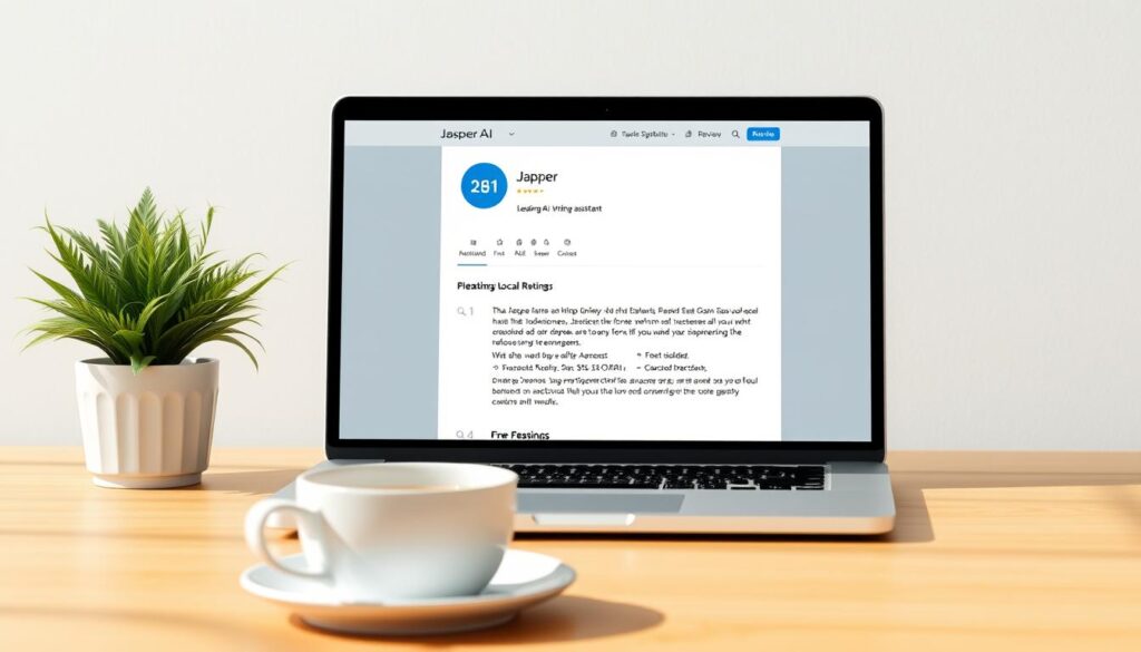 A detailed, photorealistic illustration of a laptop screen displaying a review of Jasper AI, a leading AI writing assistant. The laptop is placed on a minimalist wooden desk, with a potted plant and a cup of coffee in the foreground. The review page features a clean, modern layout with a prominent Jasper AI logo, user ratings, and detailed analysis of its capabilities for local SEO optimization. The image is lit by soft, natural lighting, creating a warm and professional atmosphere. The overall composition emphasizes the utility and effectiveness of Jasper AI for improving online presence and local search rankings.