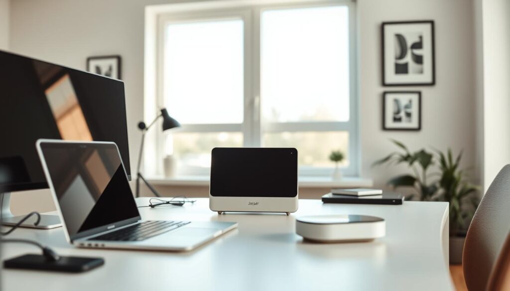 A modern and minimalist home office setup with a laptop, monitor, and a desktop Jasper AI device prominently displayed on a clean white desk. The lighting is soft and natural, coming in through large windows, creating a warm and inviting atmosphere. The background features a simple, uncluttered wall with a few framed art prints, conveying a sense of professionalism and productivity. The composition highlights the Jasper AI device as the centerpiece, showcasing its sleek and intuitive design for efficient local business management and content creation.