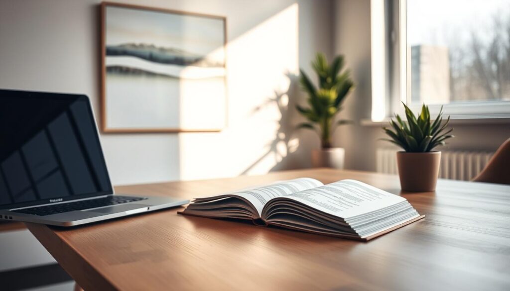 A modern home office workspace with an open book, a laptop, and a potted plant on a clean, minimalist wooden desk. The scene is bathed in warm, natural light from a large window, casting a soft, inviting glow. In the background, a simple, abstract landscape painting hangs on the wall, complementing the clean, uncluttered aesthetic. The overall atmosphere conveys a sense of focus, productivity, and the importance of quality content creation for search engine optimization.