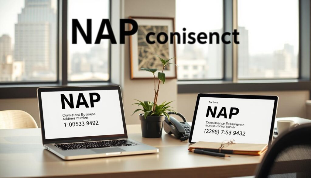 A modern, minimal office scene depicting NAP consistency. In the foreground, a desk with a laptop, phone, and notebook, all neatly arranged. The laptop screen displays NAP information, highlighting the importance of consistent business Name, Address, and Phone number across online listings. In the middle ground, a plant and a framed artwork depicting the local area, reinforcing the local SEO focus. The background features large windows overlooking a cityscape, with natural light flooding the space. The overall mood is one of professionalism, organization, and attention to detail - the key elements of maintaining NAP consistency for effective local search engine optimization.