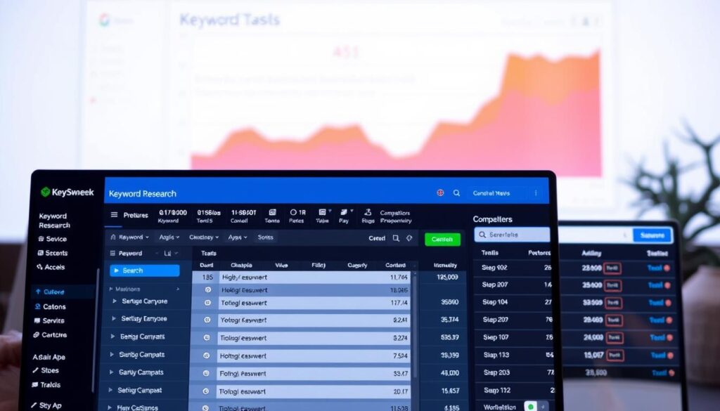 A modern, sleek software interface showcasing a comprehensive keyword research tool. In the foreground, a clean, minimalist dashboard displays a neatly organized list of high-volume, low-competition keywords. The middle ground features intuitive filters, sorting options, and competitor analysis tools. In the background, a vibrant data visualization, perhaps a graph or chart, provides at-a-glance insights into search trends and traffic projections. The overall mood is one of efficiency, productivity, and data-driven decision making, conveying the power and utility of a premium keyword research solution.