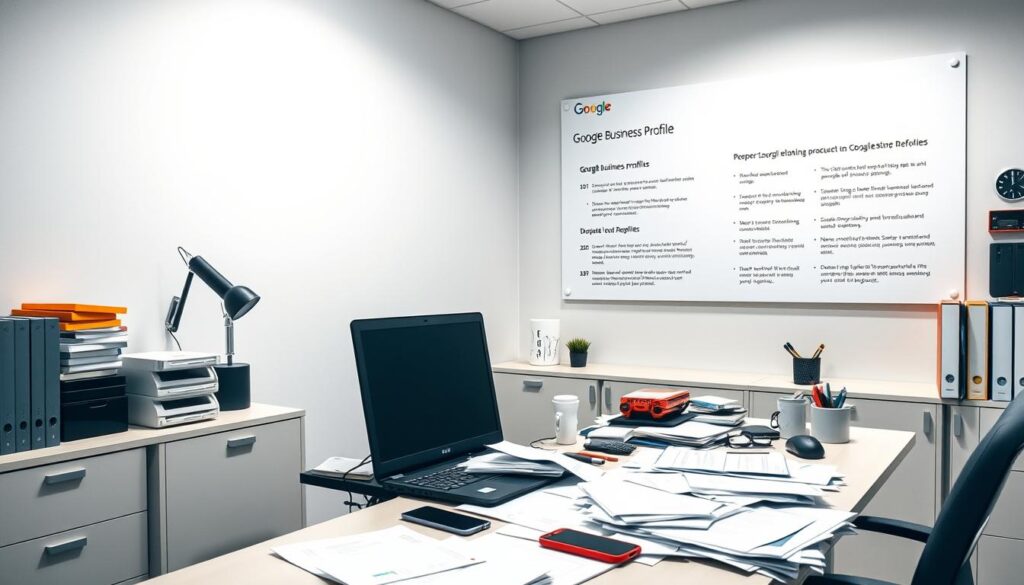 A professional, neatly organized office space with a desk, computer, and various office supplies. The desk is cluttered with documents, a laptop, and a smartphone, suggesting an ongoing administrative task. The background features a large, minimalist wall display showcasing the Google Business Profile guidelines, presented in a clear, visually appealing manner. Soft, directional lighting creates a focused, productive atmosphere. The overall scene conveys the sense of a challenging, yet important administrative process related to managing a Google Business Profile.
