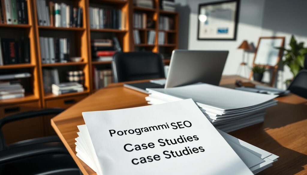 A serene office setting with a large desk, a modern laptop, and various office supplies. In the foreground, a stack of documents and reports labeled "Programmatic SEO Case Studies" are displayed prominently. Subtle shadows and soft lighting create a professional, yet welcoming atmosphere. The background features a bookshelf filled with relevant business and marketing books, as well as a framed certificate or award, hinting at the successful implementation of programmatic SEO strategies. The overall composition conveys a sense of expertise, diligence, and the tangible results of effective programmatic SEO practices for local businesses.