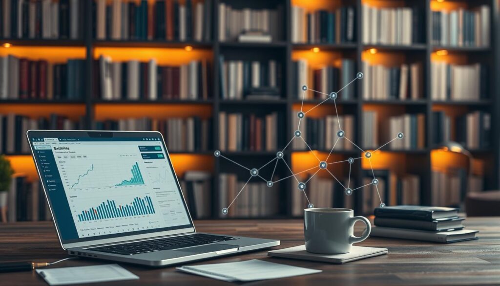 A serene scene depicting a backlink strategy. In the foreground, a laptop displays a dashboard of backlink metrics, surrounded by strategic notes and a cup of coffee. The middle ground features a carefully curated network of hyperlinked websites, represented by a stylized web of lines and nodes. In the background, a bookshelf filled with SEO and digital marketing resources, illuminated by warm, focused lighting, suggests a thoughtful, research-driven approach. The overall mood is one of focused, calculated progress, conveying the importance of a well-crafted backlink strategy in building online authority and trust.
