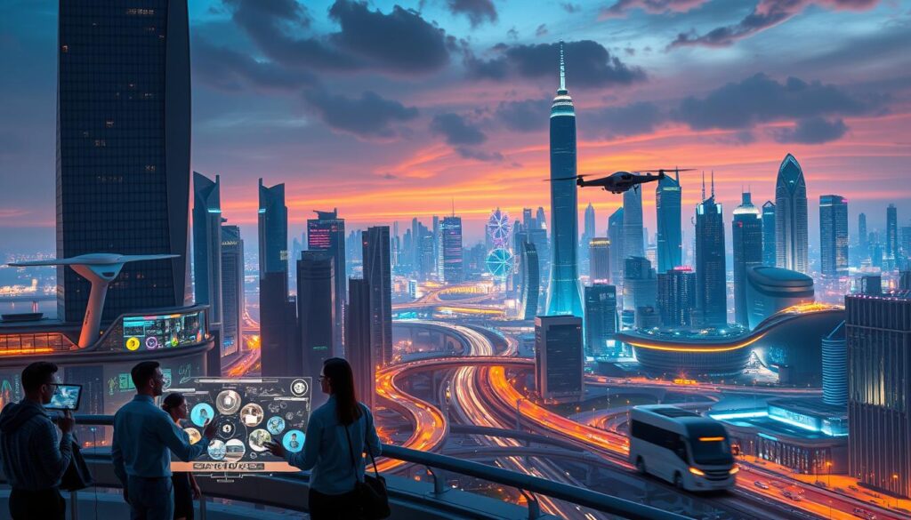 A sleek, futuristic cityscape with towering skyscrapers and advanced transport systems, bathed in a warm, ambient glow. In the foreground, a group of individuals interacting with holographic displays and immersive virtual reality interfaces, representing the rapid advancements in AI and human-computer interaction. In the middle ground, autonomous vehicles and drones seamlessly navigating the urban landscape, showcasing the integration of AI-powered automation. The background features a vibrant, ever-changing skyline, with state-of-the-art research facilities and innovation hubs, symbolizing the continuous progress and evolution of artificial intelligence.