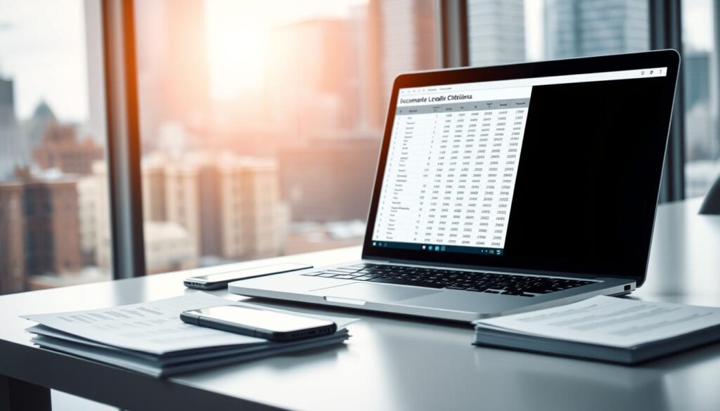 A sleek, minimalist office desk with a laptop, smartphone, and a stack of neatly organized papers. The laptop screen displays a spreadsheet with crisp, legible data, symbolizing information consistency. The desk is illuminated by a warm, focused light, creating a professional and productive atmosphere. In the background, a blurred cityscape suggests a bustling business environment. The overall scene conveys the importance of maintaining accurate and consistent local citation data for effective online visibility.