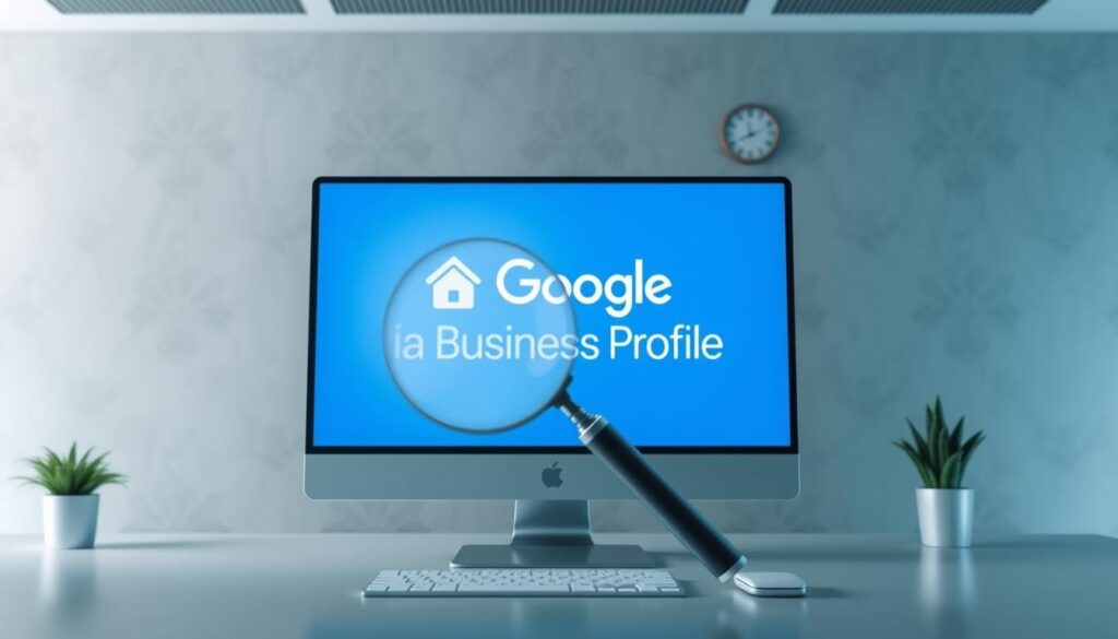 A sleek, minimalist office workspace with a large desktop computer screen displaying the Google Business Profile logo. Soft, directional lighting illuminates the scene, creating a professional and focused atmosphere. In the foreground, a stylized magnifying glass icon hovers over the screen, symbolizing the process of optimization and analysis. The background features subtle textures and patterns, conveying a sense of digital sophistication. The overall composition emphasizes the importance of a well-optimized Google Business Profile for a successful online presence.