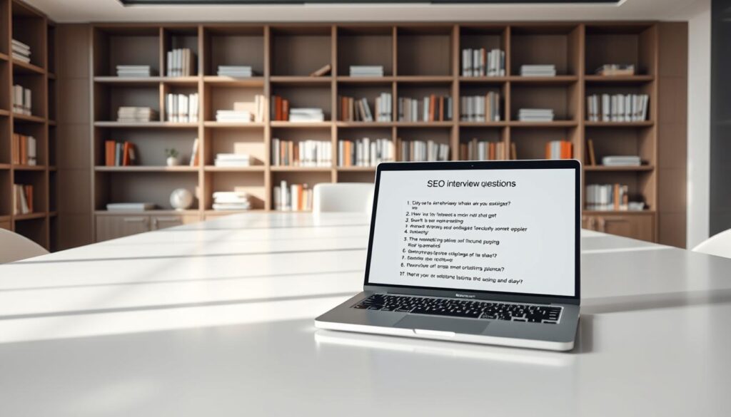 A sleek, modern office interior with a large desk and minimalist decor. On the desk, an open laptop displays a list of SEO interview questions, presented in a clean, organized manner. The lighting is soft and natural, creating a professional, focused atmosphere. The background features elegant shelves lined with industry-relevant books and documents, conveying a sense of expertise and authority. The overall scene evokes a productive work environment where critical SEO-related topics are being thoughtfully discussed.