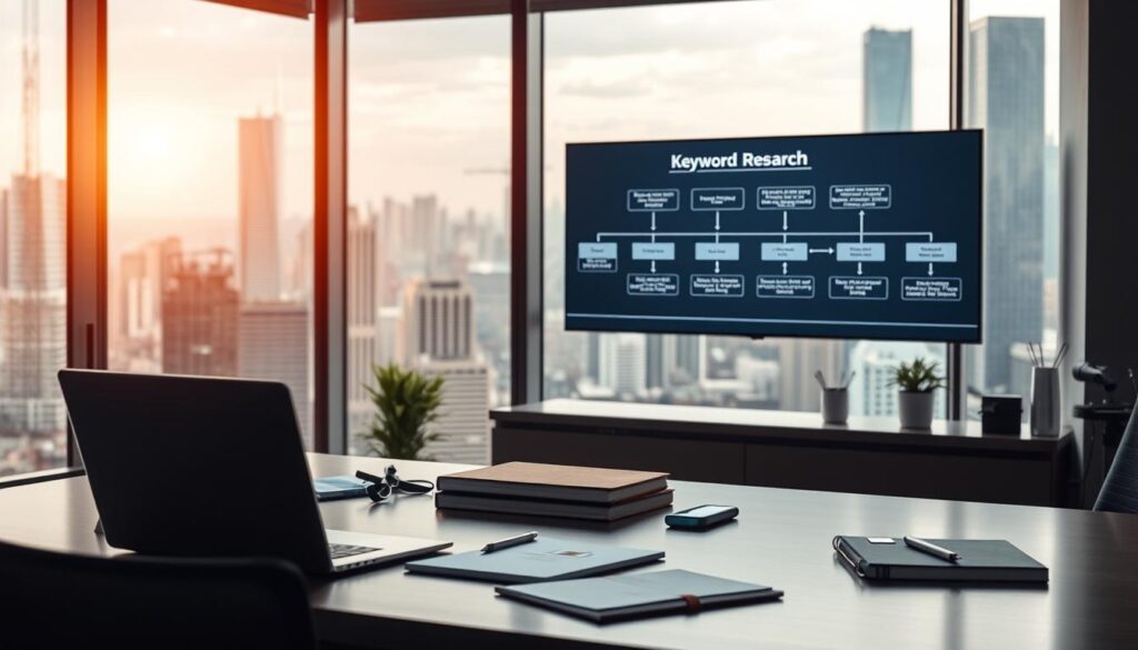 A sleek, modern office setting with a large desk in the foreground, featuring a laptop, notebook, and various office supplies. In the middle ground, a workflow diagram is displayed on a wall-mounted monitor, illustrating the interconnected steps of keyword research. The background showcases a large window overlooking a bustling city skyline, with warm, natural lighting filtering in and casting a soft glow across the scene. The overall atmosphere conveys a sense of productivity, organization, and a thoughtful, analytical approach to the keyword research process.
