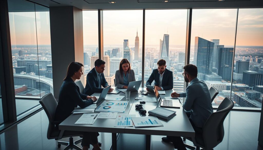 A sleek, modern office space with a large window overlooking a bustling city skyline. In the foreground, a group of professionals gathered around a conference table, engaged in a lively discussion. They are surrounded by various documents, laptops, and analytical charts, reflecting their deep dive into the performance metrics and reputation of a prominent SEO agency. The lighting is warm and inviting, casting a soft glow on the scene. In the background, the city skyline shimmers with the energy of a thriving business hub. The overall atmosphere conveys a sense of professionalism, diligence, and a strategic approach to evaluating the agency's capabilities.