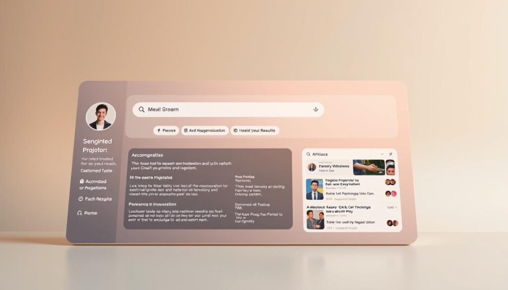 A sleek, modern search engine interface against a soft, gradient background. In the foreground, a user profile with personalized suggestions and targeted recommendations, tailored to their browsing history and interests. The middle ground features an array of dynamic, adaptive search results, seamlessly adjusting to the user's needs. In the background, a subtle network of data connections and AI algorithms, invisibly powering the personalized experience. Warm, muted lighting casts a thoughtful, introspective mood, reflecting the nuanced interplay between technology and the individual.