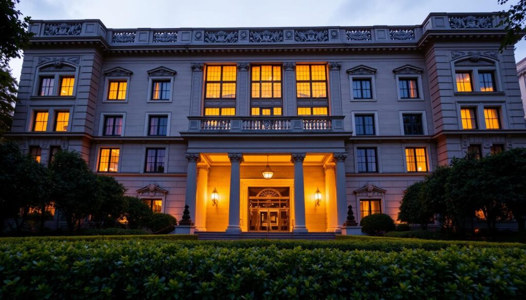 A stately, multi-story building with a classic architectural design stands prominently, its façade adorned with intricate stone carvings and large windows that let in warm, natural light. The building's entrance is framed by grand columns and a covered portico, creating a sense of grandeur and importance. In the foreground, well-manicured landscaping with lush greenery and neatly trimmed hedges complements the building's elegant aesthetic. The scene is bathed in a soft, golden glow, suggesting a time of day with a calm, tranquil atmosphere. The overall impression is one of a prestigious, authoritative institution dedicated to the management and organization of citations, reflective of the "NAP in SEO Citation Building" concept.