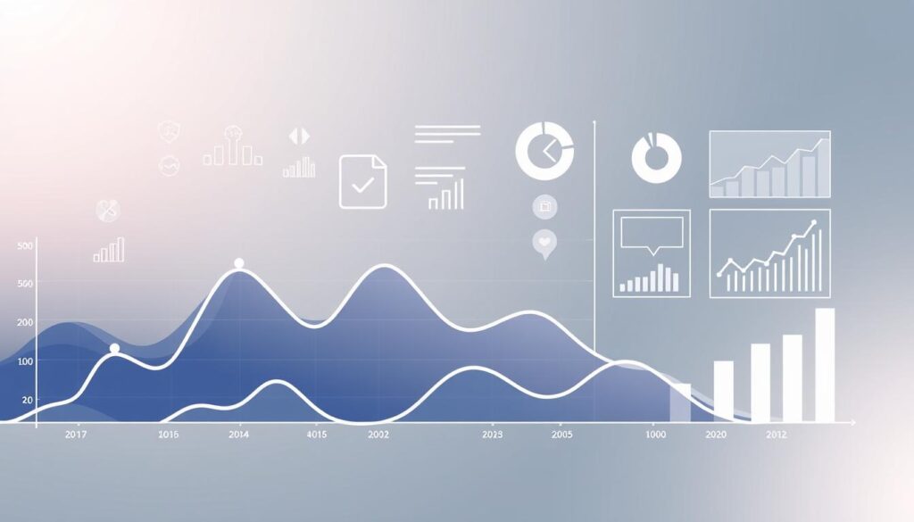 A stylized data visualization depicting user engagement metrics. In the foreground, a sleek line graph shows fluctuating user activity over time, with animated data points and smooth curves. The middle ground features intuitive icons and infographic elements like progress bars, pie charts, and line charts, all rendered in a minimal, high-contrast aesthetic. The background is a subtle gradient, with soft lighting and a sense of depth, creating a polished, professional look. The overall composition conveys a clear, data-driven understanding of user engagement, suitable for an article on important Google ranking factors.