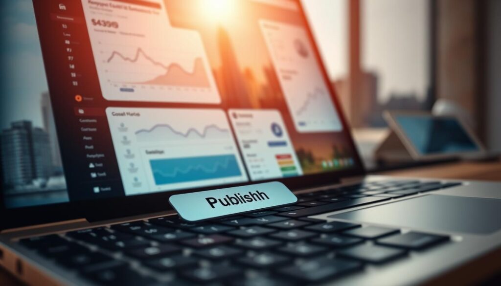 A vibrant, close-up view of a laptop screen displaying various content creation and SEO tools. In the foreground, a cursor hovers over a "Publish" button, symbolizing the act of generating local-focused content. The middle ground features analytics dashboards, keyword research interfaces, and social media management platforms, all working in harmony to optimize content for local search. In the background, a blurred cityscape with iconic landmarks serves as a subtle nod to the local focus. The lighting is warm and inviting, creating a sense of productivity and progress. The overall composition conveys the seamless integration of content generation and local SEO, empowering businesses to thrive in their communities.