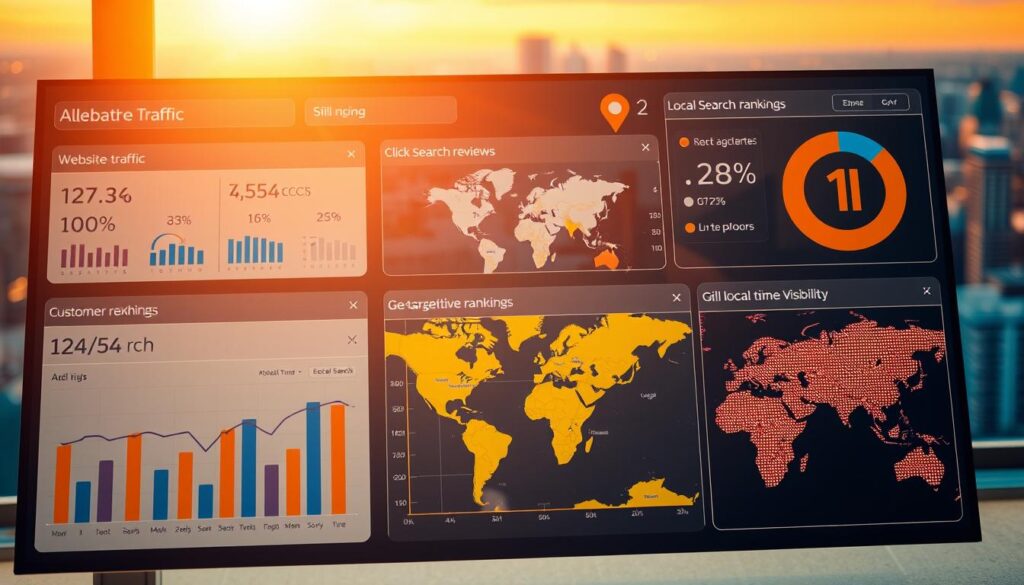 A vibrant dashboard displaying key local search optimization metrics, bathed in the warm glow of a soft, directional light. In the foreground, a series of charts and graphs depicting website traffic, click-through rates, and customer reviews. In the middle ground, an interactive map highlighting local search rankings and geotargeted visibility. In the background, a cityscape blurred out of focus, symbolizing the broader competitive landscape. The overall mood is one of data-driven insights and strategic decision-making, empowering business owners to make informed choices for their local online presence.