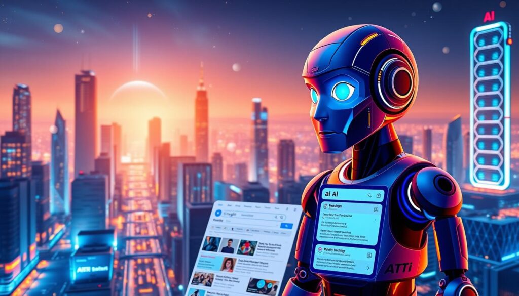 A vibrant digital landscape featuring a search engine results page dominated by AI-powered elements. In the foreground, a towering AI assistant avatar engages with users, its intelligent gaze and dynamic expression conveying a sense of advanced capabilities. Surrounding it, a grid of search result cards showcases AI-generated images, summaries, and insights, all seamlessly integrated into the user interface. In the middle ground, algorithm-driven recommendations and personalized content suggestions flow across the screen, hinting at the AI's deep understanding of user preferences. In the background, a cityscape of futuristic skyscrapers and technological infrastructure sets the stage, underscoring the pervasive influence of AI in the modern digital world. Lighting is crisp and illuminating, with a sleek, high-tech aesthetic that evokes a sense of innovation and progress.