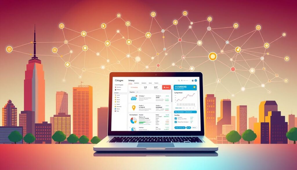 A vibrant, modern illustration depicting a strategic "citation strategy" for local business optimization. In the foreground, a stylized city skyline with various commercial buildings and landmarks. In the middle ground, a central focus on a laptop screen displaying a detailed citation management dashboard, showcasing listings, reviews, and analytics. The background features a sophisticated network of interconnected nodes and lines, representing the complex web of online citations, directories, and platforms. The scene is illuminated by a warm, directional light, casting subtle shadows and highlights to create depth and dimensionality. The overall aesthetic is sleek, professional, and infused with a sense of digital progress and optimization.
