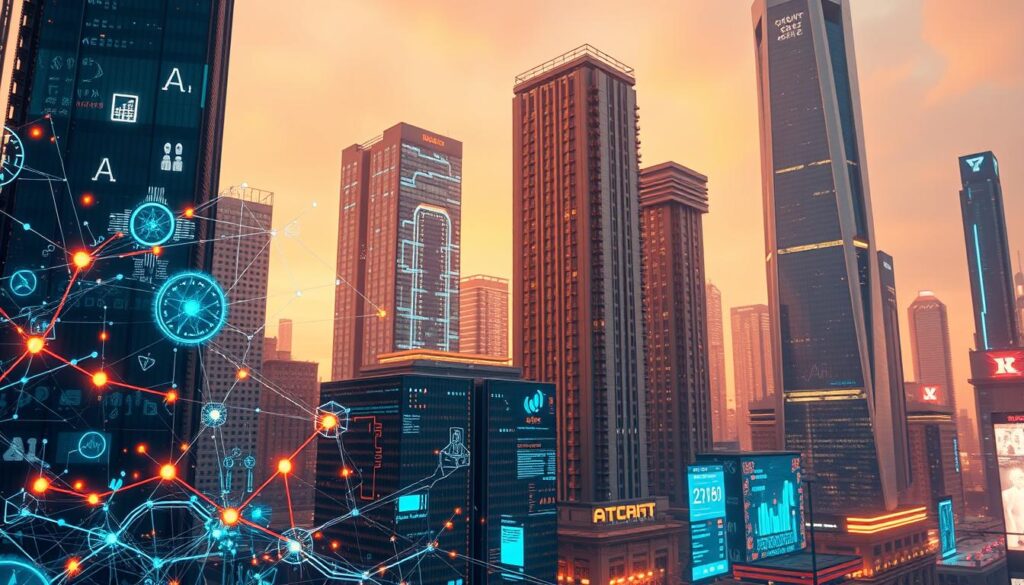 A vibrant, visually engaging AI ecosystem thrives within a futuristic cityscape. In the foreground, various AI components - neural networks, algorithms, and data streams - intertwine, pulsing with energy. In the middle ground, holographic interfaces and autonomous devices seamlessly integrate, showcasing the seamless fusion of human and machine intelligence. The background features towering skyscrapers, their facades adorned with glowing circuits and digital displays, creating an awe-inspiring backdrop of technological advancement. Warm, diffused lighting casts a dreamlike glow, evoking a sense of wonder and progress. The scene is captured through a wide-angle lens, emphasizing the scale and complexity of this AI-powered urban landscape.