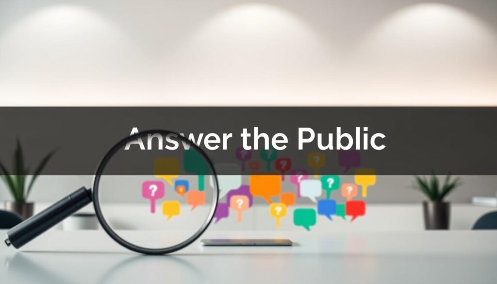 A visually striking image of the Answer the Public visual keyword research tool. In the foreground, a large magnifying glass hovers over a sleek, minimalist interface, showcasing the tool's key features. The middle ground features a collection of colorful, abstract question bubbles, representing the diverse range of long-tail keywords and questions the tool can generate. In the background, a clean, elegant workspace with muted tones and soft lighting creates a professional, research-focused atmosphere. The overall composition conveys the power and utility of Answer the Public as a valuable resource for in-depth keyword discovery and exploration.