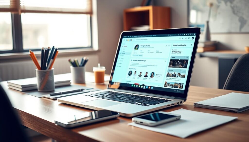 A well-lit office desk with a laptop, smartphone, and office supplies, showcasing a vibrant Google Business Profile interface on the screen. The profile is optimized with updated business information, photos, and reviews. The lighting is warm and natural, creating a professional, productive atmosphere. The angle is slightly elevated, capturing the desk from a slightly elevated perspective to highlight the digital elements. The background is blurred, keeping the focus on the optimized Google Business Profile.