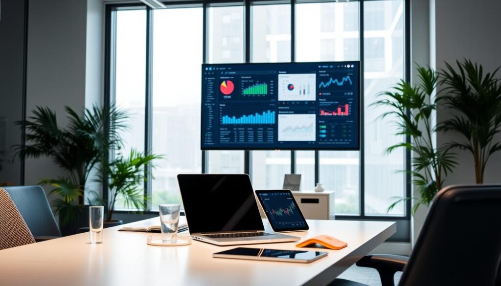 A bright and modern office setting with a clean, minimalist aesthetic. In the foreground, a neatly organized desk showcases a laptop, a tablet, and various icons representing AI-powered accounting tools and features such as invoicing, expense tracking, and financial reporting. The middle ground features a wall-mounted monitor displaying interactive dashboards, charts, and analytics related to the small business's finances. The background includes floor-to-ceiling windows allowing natural light to flood the space, creating a sense of openness and productivity. The overall mood is one of efficiency, innovation, and technological empowerment for the small business owner.