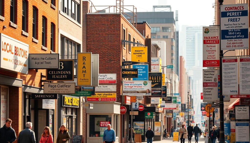 A bustling city street with various local business signs, directories, and information boards prominently displayed. The scene is captured with a wide-angle lens, showcasing the diverse array of citation sites that help boost local SEO visibility. Warm, natural lighting illuminates the brick facades and signage, creating a vibrant, inviting atmosphere. In the foreground, pedestrians navigate the sidewalks, adding a sense of life and activity to the urban landscape. The middle ground features a mix of storefront windows, street-level directories, and community bulletin boards, all showcasing local citations and contact details. The background blends into a hazy cityscape, suggesting the broader ecosystem of local citation opportunities.