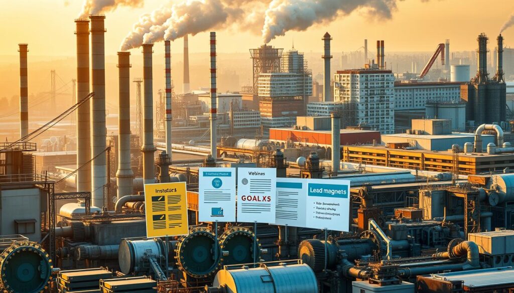 A bustling industrial landscape, with towering smokestacks, gears, and machinery in the foreground. In the middle ground, various lead magnets such as eBooks, webinars, and free consultations are prominently displayed, showcasing their digital nature. The background features a mix of modern and traditional buildings, conveying the blend of old and new industries. The scene is illuminated by a warm, golden light, creating a sense of productivity and opportunity. The overall atmosphere is one of innovation and the potential for growth within local industries in 2023.