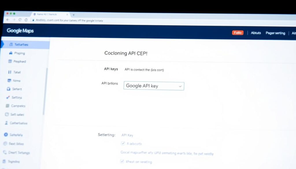 A close-up view of a computer screen displaying the Google Maps API key interface. The screen is brightly lit, with a clean and minimalist design. The API key is prominently displayed, surrounded by various configuration options and settings. The background is blurred, keeping the focus on the API key and its details. The scene conveys a sense of professionalism and technical expertise, highlighting the importance of properly connecting the API key to enable seamless integration of Google Maps into a WordPress website.