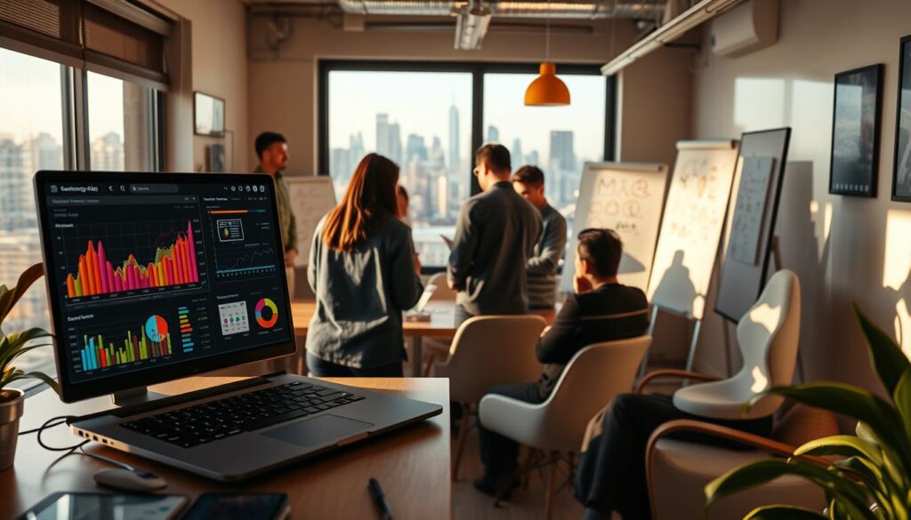 A cozy small business office, bathed in warm, natural lighting. In the foreground, a laptop screen displays colorful charts and graphs, representing the power of generative AI. Employees huddle around, studying the data with fascination. In the middle ground, a team brainstorms ideas, surrounded by whiteboards covered in sketches and scribbles. The background reveals a panoramic city skyline, symbolizing the boundless potential of this transformative technology. An atmosphere of collaboration, innovation, and a sense of future-forward progress pervades the scene.