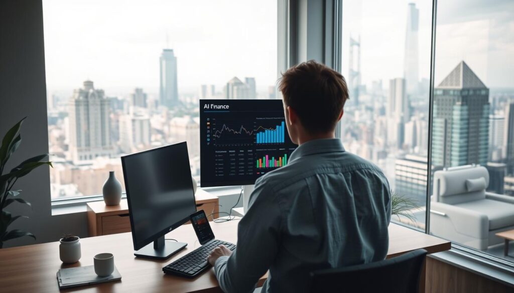 A cozy, well-lit office interior with a sleek desktop computer, a modern monitor displaying financial charts and graphs, and a stylish, efficient-looking AI finance software interface. The foreground features a person, casually dressed in business attire, intently focused on the screen, suggesting the seamless integration of AI-powered financial forecasting and reporting tools into the small business workflow. The middle ground includes minimal, tasteful office decor and furniture, while the background showcases large windows overlooking a bustling urban skyline, conveying a sense of productivity, progress, and the power of technology to empower small businesses.