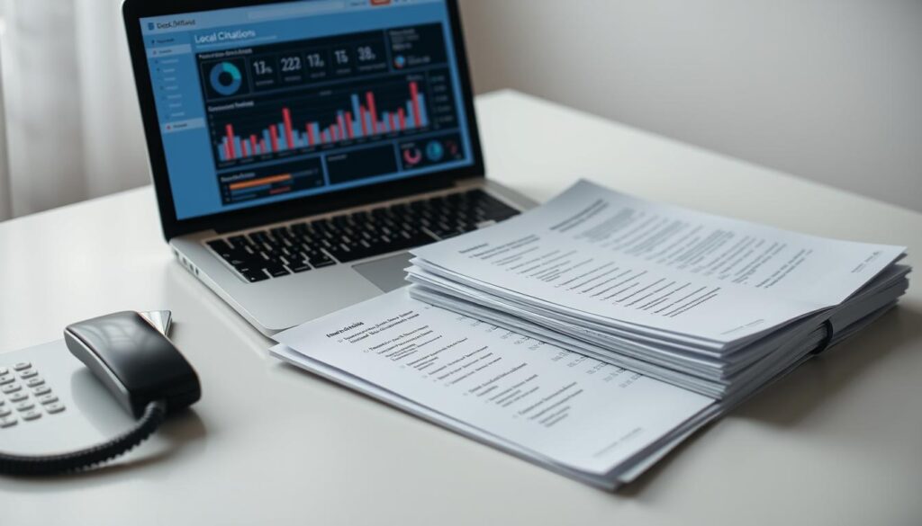 A crisp, well-organized desk with a laptop, phone, and a stack of papers neatly arranged. The laptop screen displays a dashboard showcasing local citation data, with charts and graphs illustrating key performance metrics. The papers on the desk contain detailed checklists and guidelines for managing local citations. Soft, diffused lighting illuminates the scene, creating a professional and focused atmosphere. The composition emphasizes the importance of maintaining consistent and accurate local citations as a crucial component of effective SEO strategy.