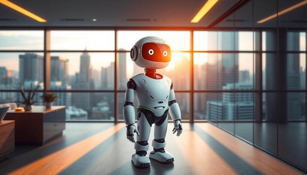 A data privacy chatbot stands in a sleek, modern office setting. Warm, natural lighting illuminates the scene, casting soft shadows. The chatbot, an AI assistant, is rendered in high detail, its form conveying a sense of approachability and helpfulness. In the background, a large window offers a view of a bustling city skyline, reflecting the dynamic nature of the real estate industry. The overall atmosphere is one of professionalism, technology, and innovation, capturing the essence of a real estate AI solution that prioritizes data privacy and customer engagement.