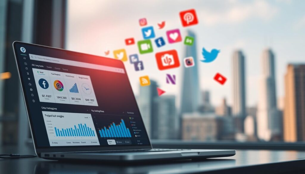 A digital workplace dashboard showcasing AI-powered social media management tools. In the foreground, a sleek laptop displays various analytics and scheduling interfaces. In the middle ground, colorful social media icons and logos float, representing different platforms. The background features a blurred cityscape with skyscrapers, suggesting a modern, urban setting. The overall mood is professional, efficient, and technology-driven, conveying the power of AI to streamline social media marketing for small businesses.