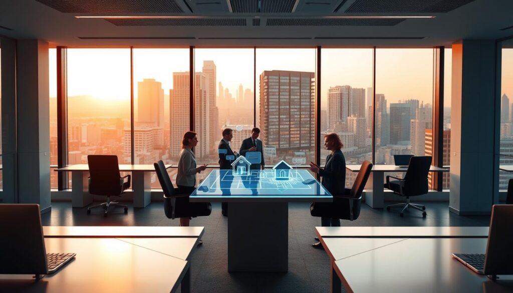 A high-tech office space with a conversational real estate chatbot interface. Sleek, minimalist desks and chairs in the foreground, with a large touchscreen display showcasing a user-friendly conversational design. In the middle ground, a team of agents collaborating around a holographic table, discussing property details. The background features floor-to-ceiling windows overlooking a modern cityscape, bathed in warm, natural lighting. The overall atmosphere is one of efficiency, innovation, and a seamless blend of human expertise and AI-powered technology, designed to streamline the real estate experience.
