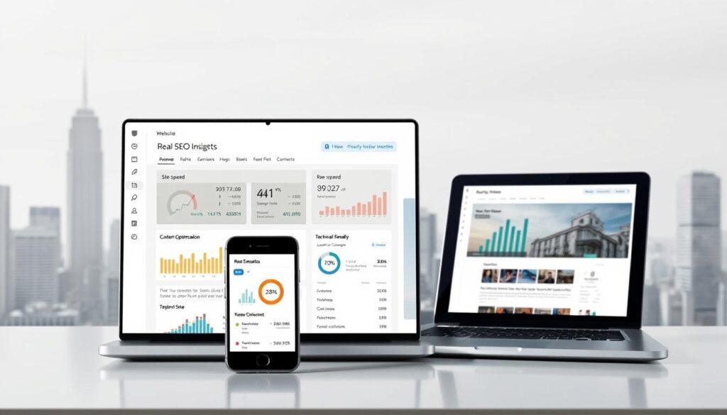 A modern, sleek web interface showcasing technical SEO insights for a real estate website. In the foreground, a laptop displays an analytics dashboard with graphs, charts, and data visualizations highlighting key metrics like site speed, content optimization, and technical site health. In the middle ground, a mobile device presents a responsive, mobile-friendly version of the website. The background features a minimalist cityscape with high-rise buildings, hinting at the real estate industry. The lighting is soft and diffused, creating a professional, business-oriented atmosphere. The overall scene conveys a sense of technological expertise and data-driven decision-making for optimizing a real estate web presence.