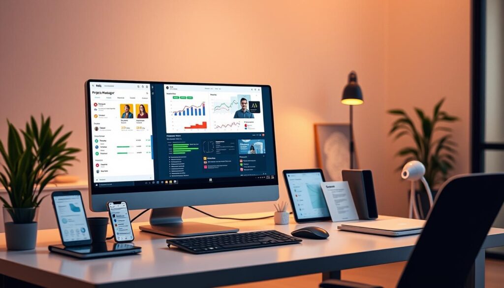 A neatly organized workspace featuring a sleek desktop computer, a well-designed project management dashboard displayed on the screen, and an array of AI-powered productivity tools and resources nearby. The lighting is warm and ambient, creating a focused and efficient atmosphere. The camera angle is slightly elevated, providing a comprehensive view of the setup. In the background, a minimalist, modern office setting with clean lines and muted colors complements the overall aesthetic. The image conveys a sense of streamlined operations and the seamless integration of AI technology to enhance small business productivity.