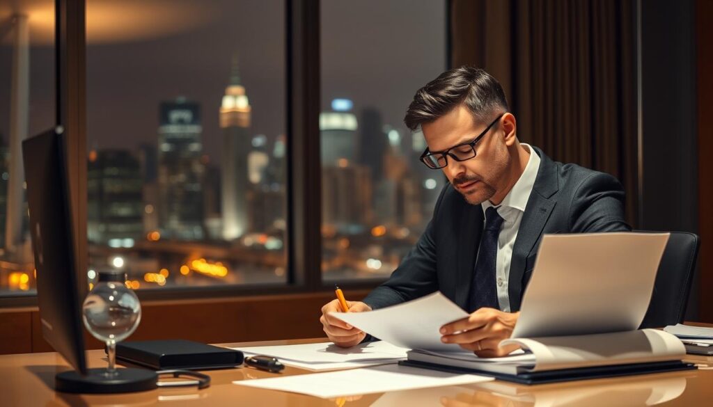 A professional office setting with a businessman sitting at a desk, poring over documents and mulling a decision. Warm, focused lighting illuminates the scene, creating a pensive, introspective atmosphere. The desk is neatly organized, hinting at a methodical approach. In the background, a window offers a view of a bustling city skyline, representing the wider context and stakes of the decision. The man's expression is one of deep contemplation, conveying the weight of the choice before him. Elegant, minimalist decor lends an air of sophistication to the space, befitting the gravity of the "agency service decision" at hand.
