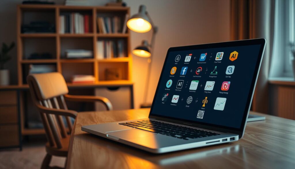 A serene and thoughtful atmosphere, a well-lit home office space with a wooden desk, a cozy chair, and a bookshelf in the background. On the desk, an open laptop displays an array of AI tools and applications, each icon and interface meticulously crafted. The scene conveys a sense of productivity, innovation, and the integration of cutting-edge technology into the entrepreneurial workflow. Subtle warm lighting casts a gentle glow, creating a inviting and inspiring ambiance. The overall composition highlights the symbiotic relationship between AI and the modern small business landscape.