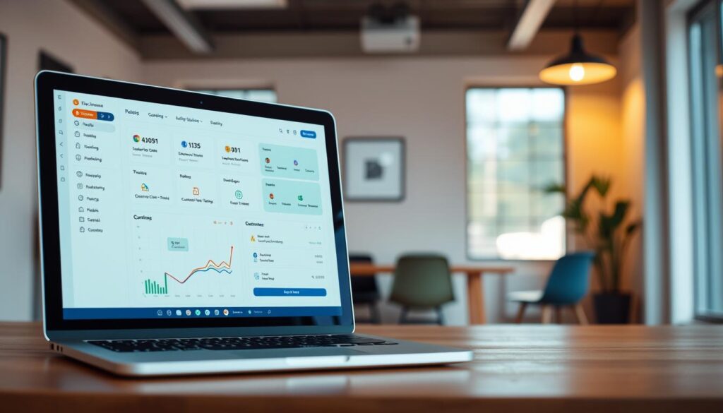 A sleek and modern software interface for a small business, with a clean and intuitive layout. In the foreground, a laptop or tablet screen displays a dashboard of essential business tools, including financial tracking, task management, and customer relationship management. The middle ground features a stylized icon or logo representing the AI-powered software solution. In the background, a warm, minimalist office setting with natural lighting creates a calm and professional atmosphere. The overall tone conveys the power of AI-driven technology to streamline and simplify small business operations.