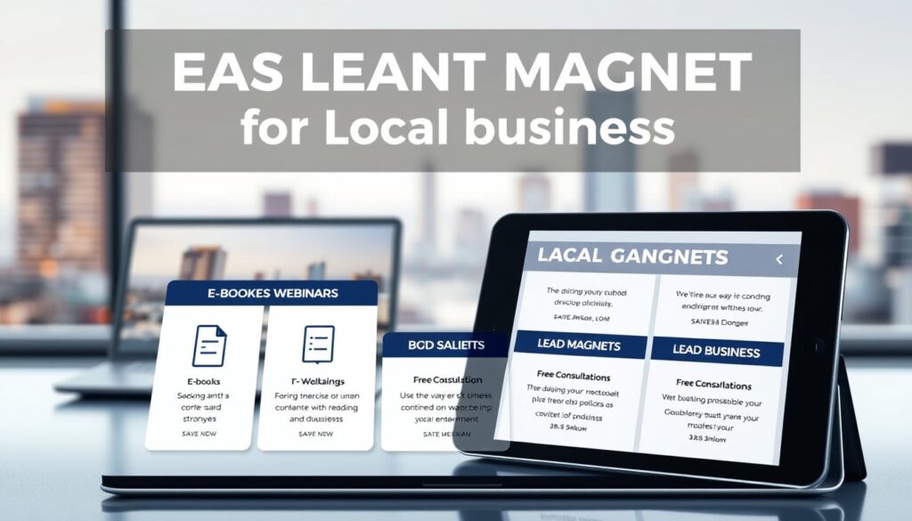 A sleek, modern digital display showcasing a variety of lead magnet offers for local businesses. In the foreground, a tablet-like device presents different lead magnet options such as e-books, webinars, and free consultations, all rendered in a minimalist, high-tech style. The middle ground features a laptop and smartphone, symbolizing the digital nature of these lead magnets. The background is a blurred cityscape, hinting at the local focus of these offerings. The lighting is soft and directional, creating depth and highlighting the technology-driven nature of the scene. The overall mood is one of professionalism, innovation, and the power of digital tools to drive business growth for local enterprises.