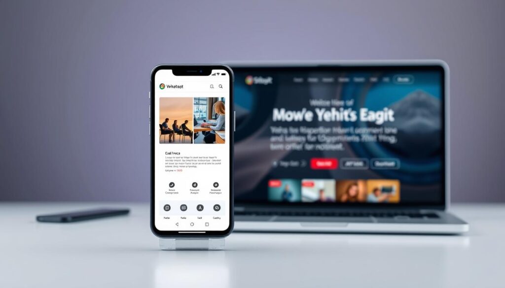 A sleek, responsive mobile website with a clean, minimalist design, showcasing the latest web technologies. The foreground features a high-resolution smartphone display showcasing a visually striking interface, with smooth animations and intuitive user interactions. The middle ground includes a laptop and tablet devices, all harmoniously arranged to highlight the seamless cross-device experience. The background features a muted, ambient lighting setting, creating a sense of professionalism and sophistication. The overall mood is one of efficiency, elegance, and a strong emphasis on mobile-first performance, conveying the ideal solution for a business seeking to optimize its online presence on a limited budget.