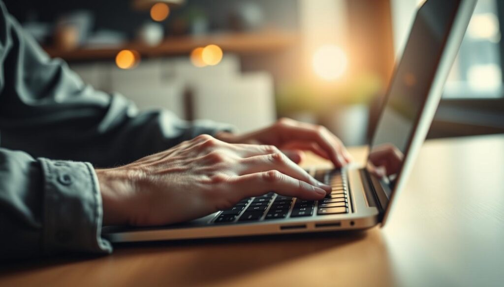 A stylized close-up shot of an artist's hands rapidly creating digital content on a sleek, modern laptop. The scene is bathed in a warm, focused light that highlights the detailed textures of the hands and the laptop's surface. The background is blurred, drawing the viewer's attention to the creative process unfolding in the foreground. The composition conveys a sense of focus, efficiency, and the seamless integration of technology and human creativity, reflecting the "creating content fast without losing my brand voice" theme.