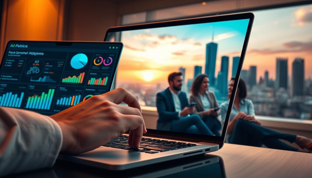 A vibrant, data-driven AI marketing strategy for a small business, showcasing a detailed dashboard on a sleek, modern laptop. The foreground features a hand interacting with a touchscreen interface, analyzing customer insights through dynamic visualizations and predictive analytics. The middle ground depicts a team of business owners and marketers collaborating, their expressions focused and determined. In the background, a cityscape with skyscrapers and a sunset sky, symbolizing the growth and potential of the small enterprise. Warm, diffused lighting casts a professional, yet approachable atmosphere, emphasizing the power of AI-driven decision-making for small businesses.