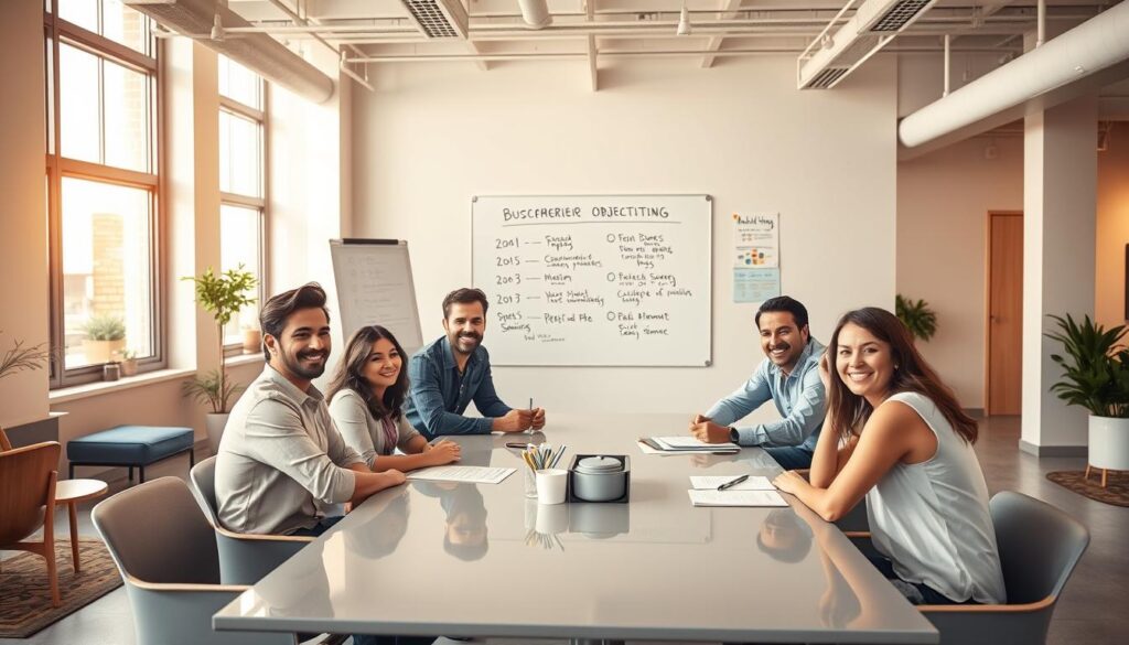 A vibrant team gathering in a modern, airy office space. In the foreground, colleagues sit around a sleek conference table, engaged in a collaborative discussion. Warm natural lighting filters through large windows, casting a pleasant glow. In the middle ground, a whiteboard displays strategic goals and project milestones, reflecting a sense of alignment and shared purpose. The background showcases an open-concept layout with casual seating areas, promoting a relaxed, productive atmosphere. The team exudes a harmonious energy, their body language and facial expressions conveying a shared focus on achieving their marketing objectives.
