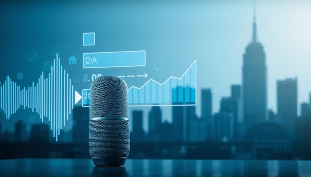 A voice-activated virtual assistant standing prominently in the foreground, surrounded by digital sound waves and voice command icons. In the middle ground, a search engine optimization chart with metrics and analytics, conveying the data-driven approach to voice search optimization. The background features a cityscape silhouette, representing the local business context. The lighting is soft and diffused, creating a professional and technological atmosphere. The image should convey the importance of optimizing local business schema for effective voice search discovery.