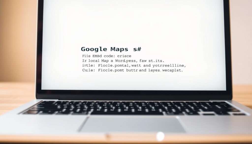 A well-lit, high-resolution close-up view of a laptop screen displaying the Google Maps embed code. The code is neatly formatted and centered on the screen, with a clean and minimalist background. The laptop is positioned at a slight angle, creating a sense of depth and perspective. The lighting is warm and natural, highlighting the details of the code and creating a professional, focused atmosphere. The image conveys a clear and straightforward illustration of the process of embedding a local business map to a WordPress website.