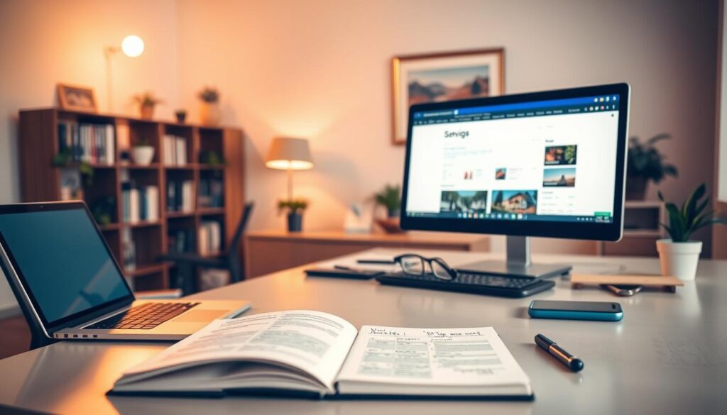 A well-lit office interior with a large desk, a laptop, and a strategically placed monitor displaying a search engine results page. On the desk, an open notebook with handwritten notes and a few office supplies. The lighting is warm and inviting, creating a productive atmosphere. The background features bookshelves, potted plants, and a framed landscape artwork, suggesting a professional yet cozy workspace. The overall scene conveys the thoughtful process of conducting keyword research for property listings.